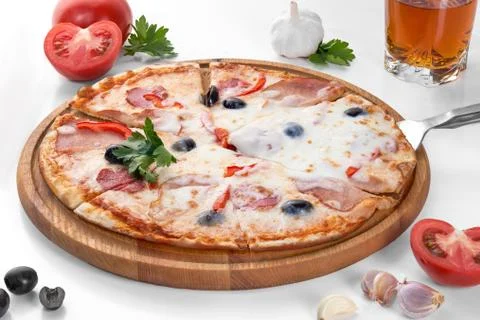 Flat lay with italian pizza on wooden board and various ingredients isolated on Stock Photos