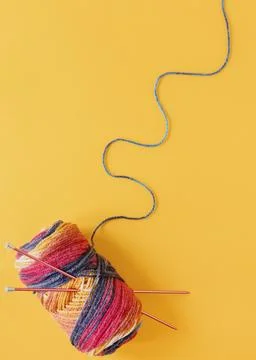 Flat lay knitting needles wool Stock Photos