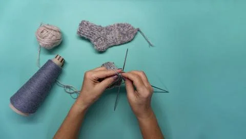 Flat lay of knitting socks Stock Photos