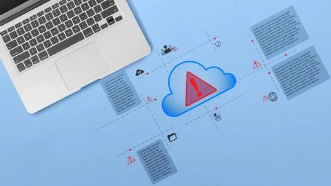 Flat lay of laptop and a cloud icon with a red warning exclamation mark, de.. Foto stock
