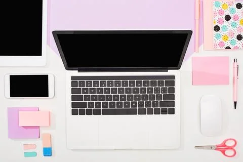 Flat lay laptop digital tablet Stock Illustration