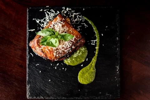 Flat lay of Lasagna Stock Photos