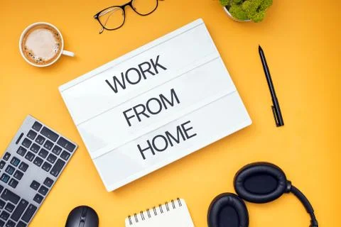 Flat lay with lightbox with text "Work From Home" Stock Photos