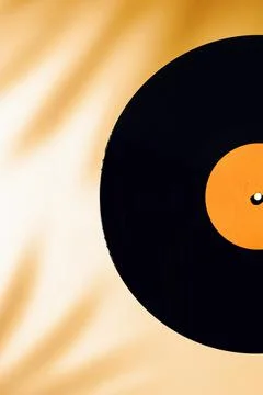 Flat lay of LP vinyl record on a yellow or orange background with tropical pa Stock Photos