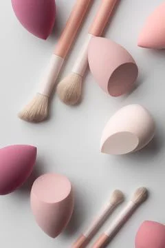 Flat lay of makeup brushes and cosmetic sponges in soft pink tones on a light Stock Photos