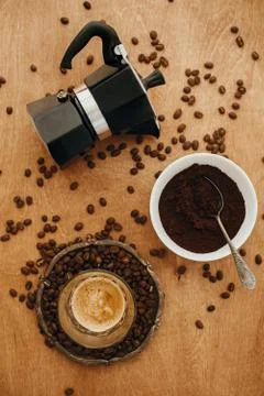 Flat lay of making alternative coffee. Roasted coffee beans, grounded coffee, Stock Photos