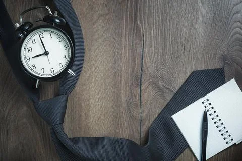 Flat lay Man set: tie, pen, phone, notebook, wooden background Stock Photos