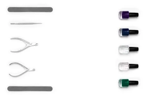 Flat lay manicure tools on white isolated Stock Photos