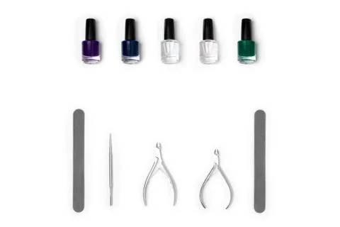 Flat lay manicure tools on white isolated Stock Photos