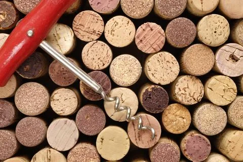 Flat lay of many wine corks and corkscew, wine treat and drink mock up Stock Photos