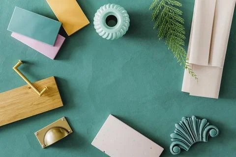 Flat lay of material samples for interior design on turquoise paper background, Stock Illustration