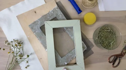 Flat lay of materials for handmade paper making and eco DIY wall art. Step-by-st Stock Footage 313499193