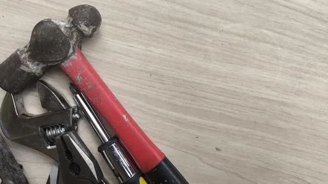 Flat lay of mechanical hand tools on wooden table. Perfect for construction.. Stock Photos