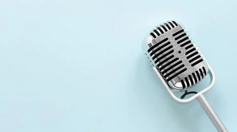Flat lay microphone with copy space. High quality photo Stock Photos