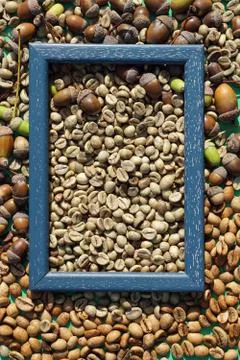 Flat lay  of   middle roasted  coffee beans and acorn on  green paper Stock Photos