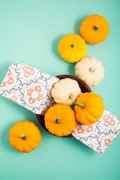 Flat Lay of mini pumpkins on green Stock Photos