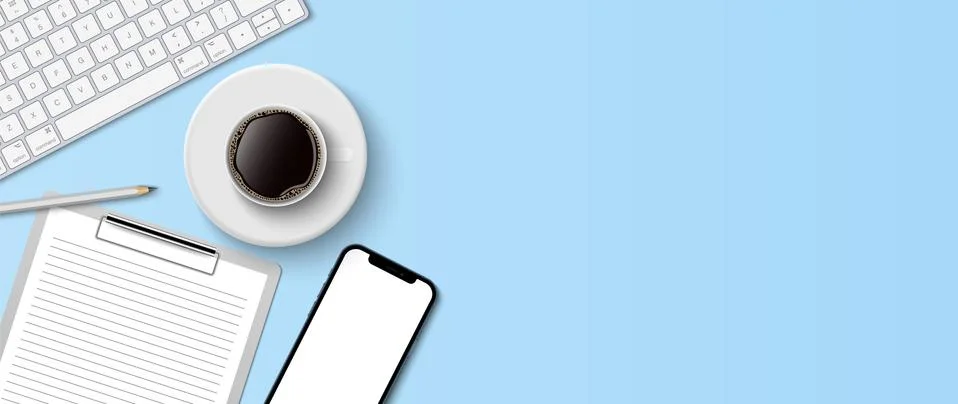 Flat lay minimal work space, Top view office desk with computer keyboard Stock Illustration