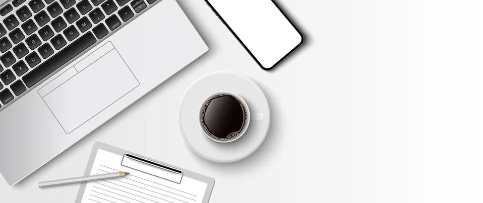 Flat lay minimal work space, Top view office desk with computer laptop Stock Illustration