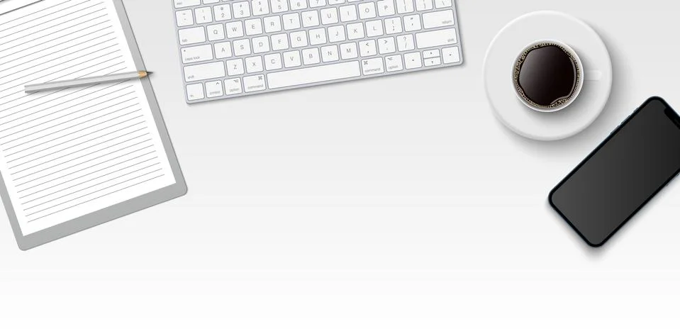 Flat lay minimal work space, Top view office desk with computer keyboard Stock Illustration