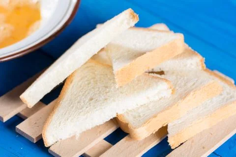 Flat lay mixed eggs with toast bread for french toast Stock Photos