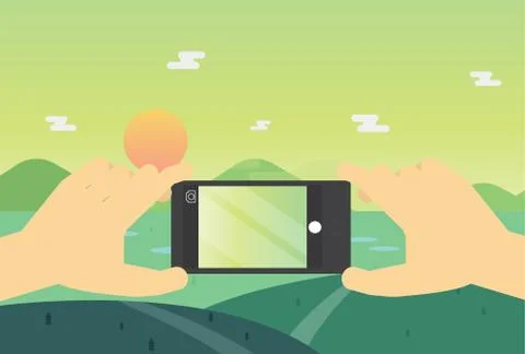 Flat lay mobile landscape photo vector.Hands with phone taking picture Stock Illustration