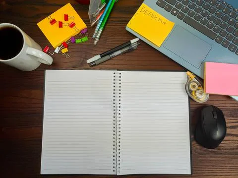 Flat lay, a mock up of a notebook. workspace in the background of the office Stock Photos