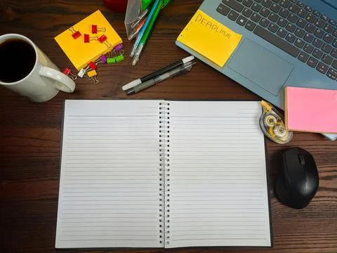 Flat lay, a mock up of a notebook. workspace in the background of the office Stock Photos