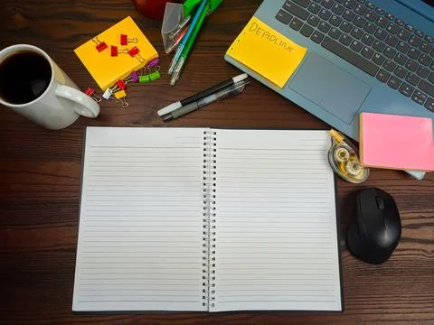 Flat lay, a mock up of a notebook. workspace in the background of the office Stock Photos