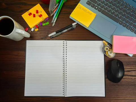 Flat lay, a mock up of a notebook. workspace in the background of the office Stock Photos