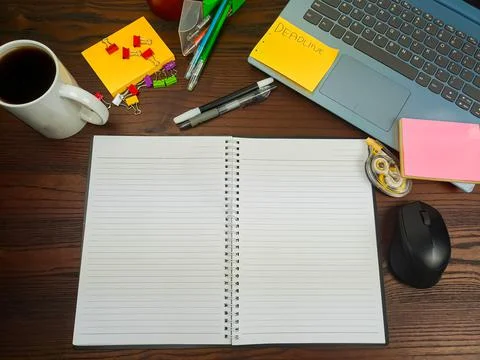 Flat lay, a mock up of a notebook. workspace in the background of the office Stock Photos