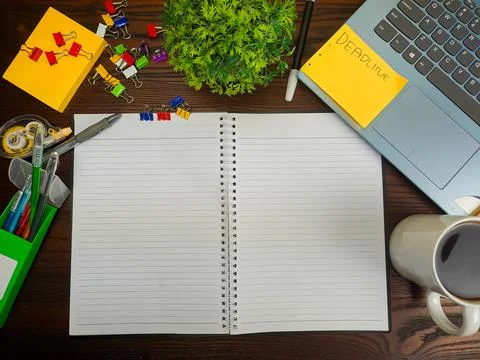 Flat lay, a mock up of a notebook. workspace in the background of the office Stock Photos