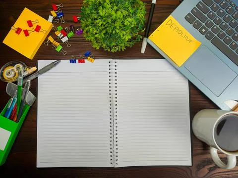 Flat lay, a mock up of a notebook. workspace in the background of the office Stock Photos