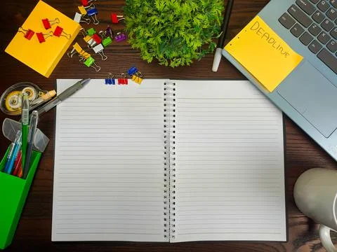 Flat lay, a mock up of a notebook. workspace in the background of the office Stock Photos