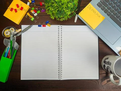 Flat lay, a mock up of a notebook. workspace in the background of the office Stock Photos