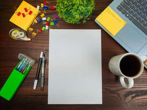 Flat lay, mock up paper. workspace in the background of the office desk Stock Photos