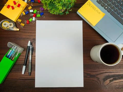 Flat lay, mock up paper. workspace in the background of the office desk top view Stock Photos