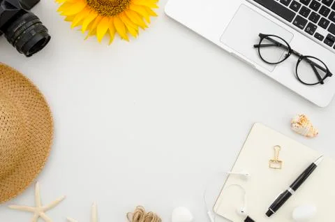 Flat lay mock up. Summer frame from office supplies on white office table with Stock Photos