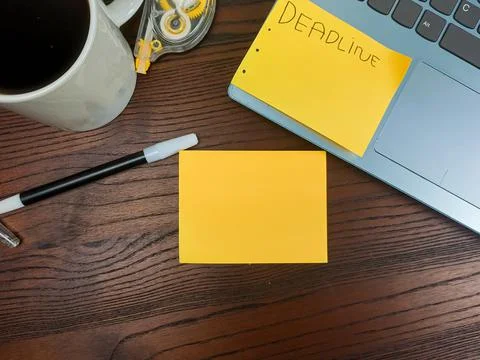 Flat lay, mock up yellow notes. workspace in the background of the office desk Stock Photos