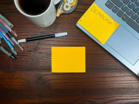 Flat lay, mock up yellow notes. workspace in the background of the office desk Stock Photos