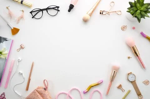 Flat lay mockup frame composition with cosmetics, makeup tools, on white Stock Photos