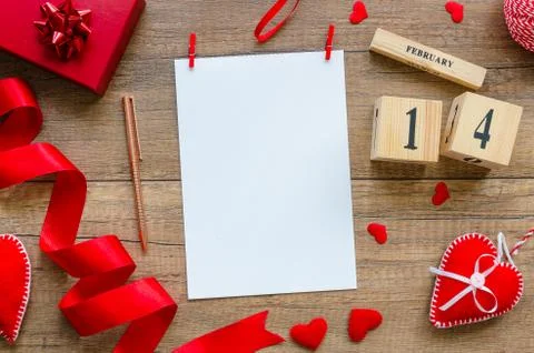 Flat lay mockup template blank paper for greeting card for Valentine's Day Stock Photos