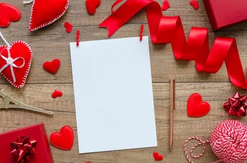 Flat lay mockup template blank paper for greeting card for Valentine's Day Stock Photos