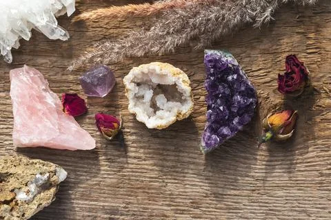 Flat Lay of Multiple Gemstones and Minerals Stock Photos