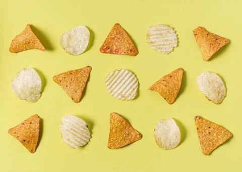 Flat lay nacho chips with potato chips Resolution and high quality beautiful Stock Photos