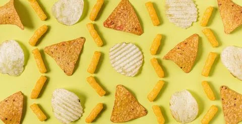 Flat lay nacho chips with potato chips cheesy puffs Resolution and high quality Stock Photos