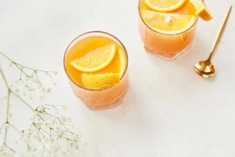 Flat lay of non alcoholic refreshing tonic with citrus fruits. Hard seltzer Stock Photos