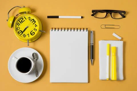 Flat lay notebook coffee cup Stock Photos