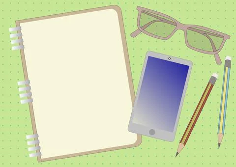 Flat lay with a notebook, Mobile Phone, eyeglasses and Pencils on a green table Stock Illustration