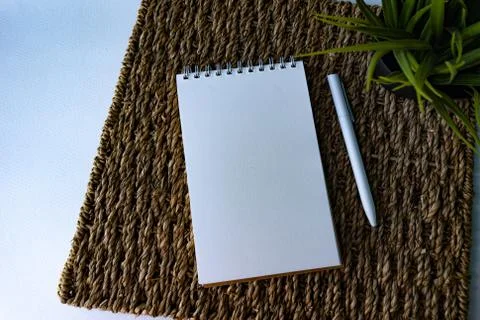 Flat lay of notebook, pen and plant Stock Photos