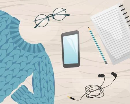 Flat lay with the notebook, smartphone, wool sweater, pencil and earphones. Stock Illustration